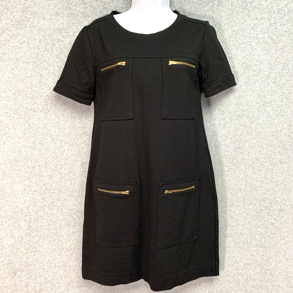 J. Crew Short Dress Black Size 2 Mod Gold Zip Stretch LBD Minimal Old Money Lux